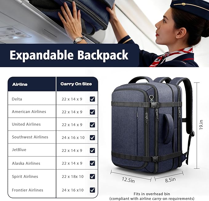 Flight Approved Travel Backpack with LifetimeWarranty,Expandable Carry on Backpack 40-50L with Cable Access Port,Fits 17.3"Laptop,Flight TSA friendly,Anti Theft Laptop Backpack Travel,Commuting,Blue