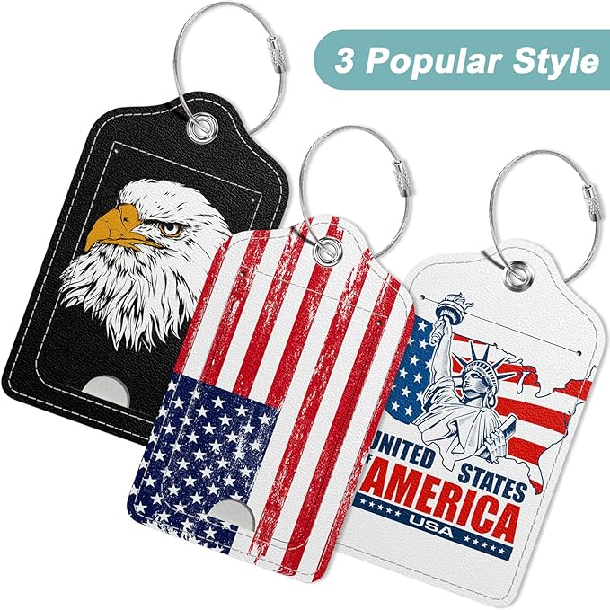 Rimilak 3 Pcs PU Leather Luggage Tags for Suitcase, Travel Cruise Luggage Tag with Privacy Flap, Name ID Label and Metal Loop for Women Men Baggage Handbag School Bag Backpack, USA