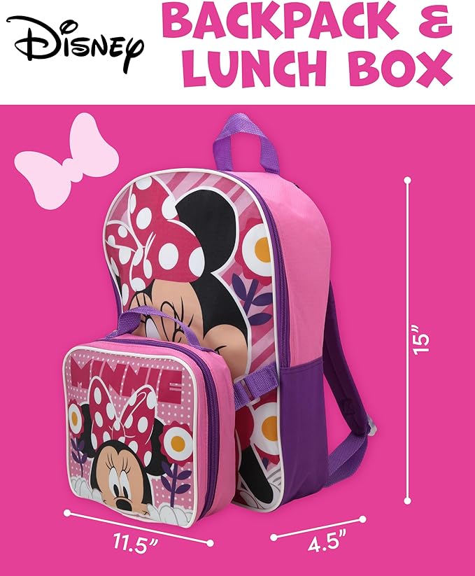 Fast Forward Disney Minnie Mouse Girls Backpack and Lunch Box Set - 2 Piece 15 Inch School Backpack With Detachable Lunch Bag, Size One Size, Minnie Mouse Pink/Purple