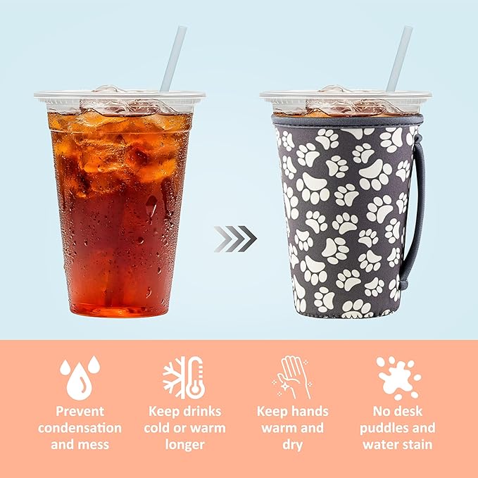 KJQJLY 3 Pack Reusable Iced Coffee Sleeves for Iced Coffee Cups or Drinks Reusable Neoprene Insulated Sleeves for Hot and Cold Drinks from Starbucks, Dunkin, And More (Paw Prints)