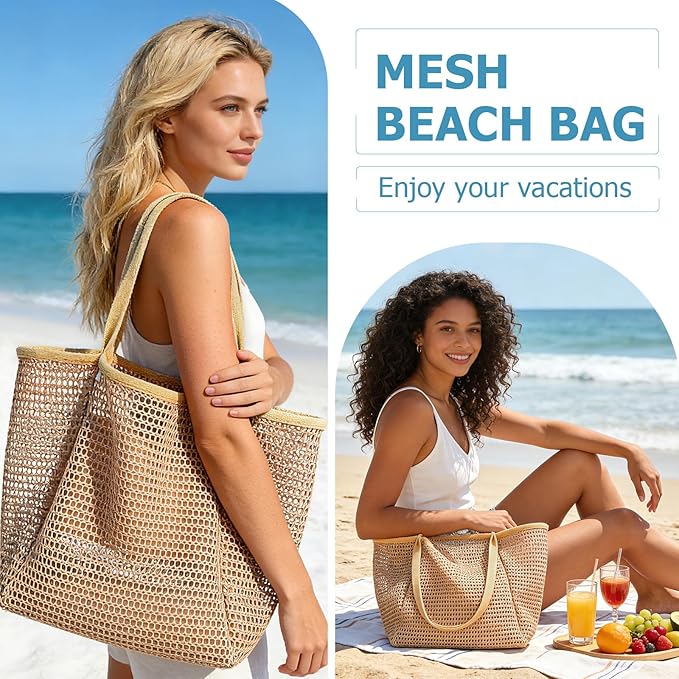 Iioscre Beach Bag for Women, Causal Hobo Pool Bags with Zipper Inner Pocket, Foldable Swim Tote Bag for Vacation Essentials