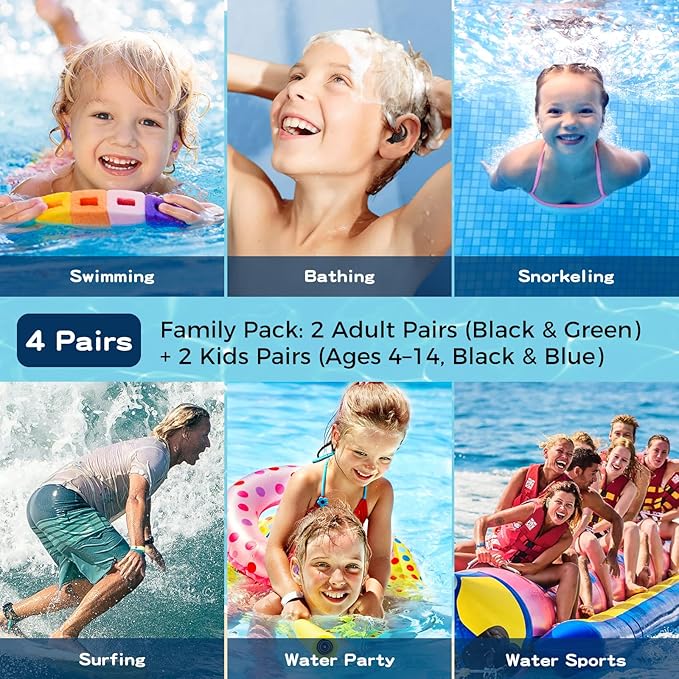 Waterproof Swimming Ear Plugs - 4 Pairs Reusable Silicone Showering Ear Plugs for Adults Kids, Ideal for Swimming, Surfing, Water Sports (Adults- Black, Green & Kids- Black, Blue, 1 Pair (Pack of 4))