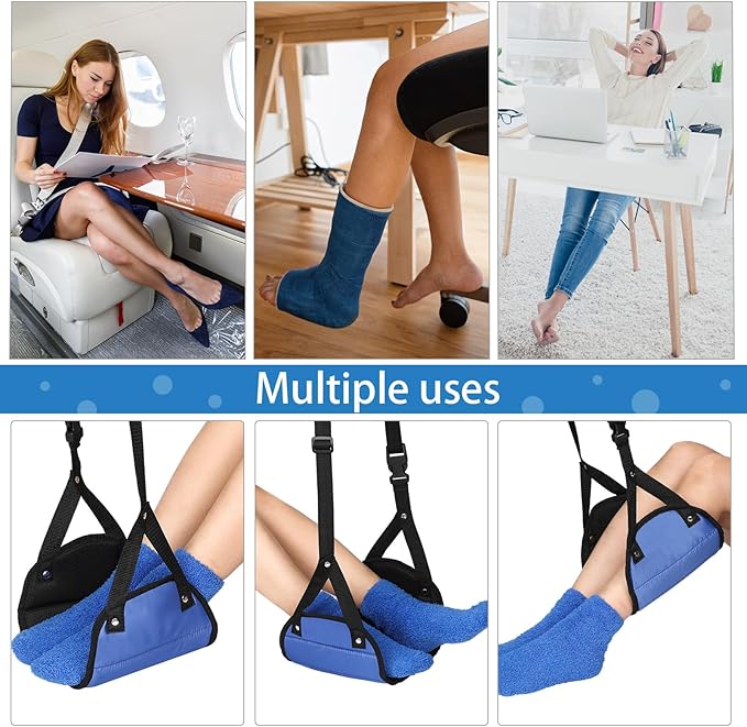 Yerliker Airplane Foot Hammock(Memory Foam) with Earplugs and Eye Mask Travel Necessities Adjustable Airplane Desk Foot Rest for Long Trip Pain and Swelling Relief(Blue)