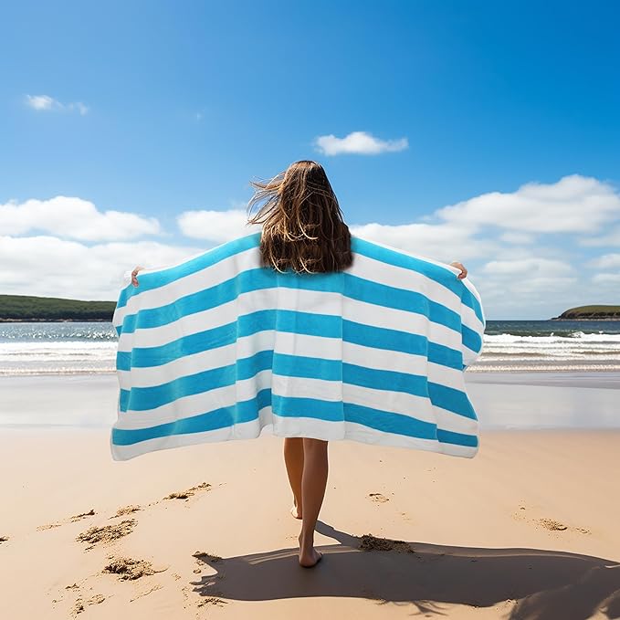 COTTON CRAFT Oversized Beach Towel - 2 Pack 35 x 70 inches XL Beach Towel - 100% Cotton Velour - Big & Huge - Thick Plush 450 GSM Super Soft Luxury Towel - Pool Picnic Bath - Cabana Stripe Aqua