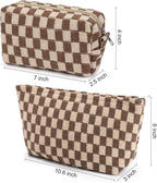 SOIDRAM 2 Pieces Makeup Bag Large Checkered Cosmetic Bag Capacity Canvas Mix Travel Toiletry Bag Organizer Cute Makeup Brushes Aesthetic Accessories Storage Bag for Women, Checkered Mix Brown