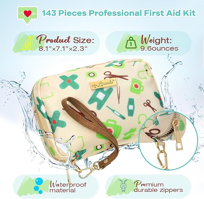Portable Travel First Aid Kit for Kids and Adults, 143 Pieces All-Purpose Emergency First Aid Kit for Home, Car, Diaper Bag, Survival, Camping, Hiking, and More (Off-White)