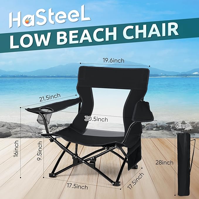 HaSteeL Folding Beach Chair, Foldable Black Camping Chairs for Outside, Low Beach Chair Portable for Adults Fishing, Picnic, Outdoor BBQ, Travel, Sports, Cup Holder & Storage Bag