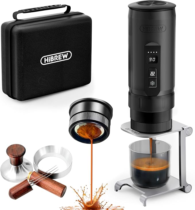 HIBREW H4C Ultra - Portable Electric Espresso Maker, 51mm Bottomless Professional Coffee Maker, USB-C Rechargeable for Ground Coffee,Compact for Camping and Travel,with Foldable Holder & Carrying Case