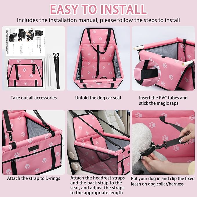 Dog Car Seat Foldable Dog Car Booster Seat Waterproof Breathable Oxford Travel Bag for Small to Medium Dogs, Puppies, and Pets-Footprint Pink