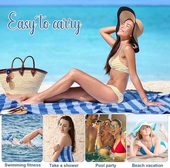 Redbaker 16 Packs 72 x 36 Inches Oversized Vertical Stripe Beach Towel Bulk Extra Large Pool Towels Set Microfiber Quick Dry Swim Towel Blanket for Women Men Adult Bath Travel(Blue)