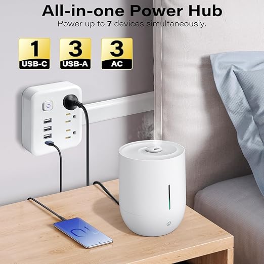 Electrical Outlet Extender, 360° Rotating Wall Outlet with Power Switch, 3 AC Outlets, 3 USB-A & 1 USB-C, Extends 17"-26", Use for Hard-to-Reach Outlets Behind Couches, Nightstands, Desks, Beds
