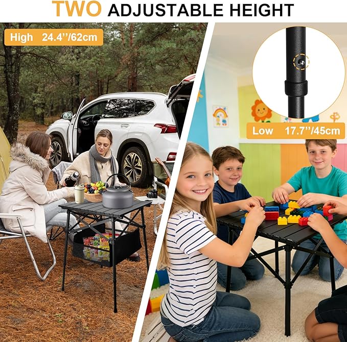 Folding Camping Table - Small Outdoor Table with Storage Bag - Adjustable Height 17.7'' & 24'', Portable Lightweight Aluminum Foldable Side Table for Picnic, BBQ, Beach & Tailgating(Large)