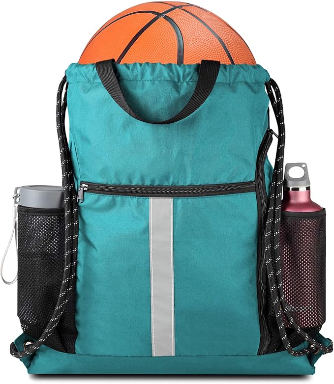 BeeGreen Teal String Backpack Bag Cinch Sack with Shoe Compartment and Two Zipper Pockets and Two Side Mesh Pockets Lightweight Large Drawstring Gym Sackpack for Men and Women