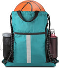 BeeGreen Teal String Backpack Bag Cinch Sack with Shoe Compartment and Two Zipper Pockets and Two Side Mesh Pockets Lightweight Large Drawstring Gym Sackpack for Men and Women