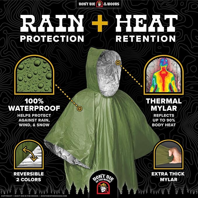 Don't Die In The Woods - Rain + Heat Emergency Poncho - Wearable Mylar Space Blanket For Hiking, Camping, First Aid, Survival