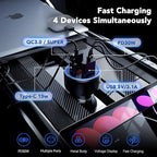 4-Port USB C Car Charger Fast Charging, Car Phone Charger Adapter with 30W PD & QC3.0 Dual USB C & USB A Port Real-Time LED Voltmeter 12V/24V Cigarette Lighter Adapter for iPhone Galaxy & Android