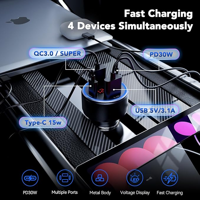 4-Port USB C Car Charger Fast Charging, Car Phone Charger Adapter with 30W PD & QC3.0 Dual USB C & USB A Port Real-Time LED Voltmeter 12V/24V Cigarette Lighter Adapter for iPhone Galaxy & Android