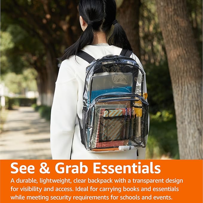 Amazon Basics Transparent Clear School Backpack, Water-Resistant PVC Plastic, Reinforced Shoulder Straps, 17 x 7 x 13 in