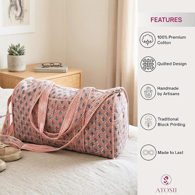 ATOSII Handblock Print 100% Cotton Large Quilted Duffle Bag for Overnight Trip, Travel Weekend Bag, Luggage, 2 Pockets with Zipper, 1 Front Pocket, Detachable Long Strap, 20 X 10 X 12 Inches, Pebble