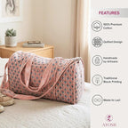 ATOSII Handblock Print 100% Cotton Large Quilted Duffle Bag for Overnight Trip, Travel Weekend Bag, Luggage, 2 Pockets with Zipper, 1 Front Pocket, Detachable Long Strap, 20 X 10 X 12 Inches, Pebble