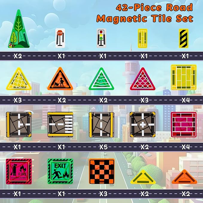 Magnetic Tiles,42PCS Magnetic Building Blocks with Metal Storage Box,Magnetic Tiles for Kids Ages 3+,Magnet Tiles for Boys & Girls (Road)