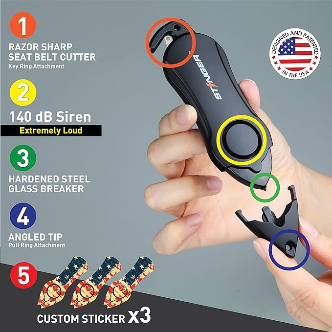 Stinger Personal Alarm Keychain Emergency Tool, Safety Panic Alarm Siren, Seat Belt Cutter, Glass Breaker, Security Device for Women Men Kid, Design in USA (USA Flag)