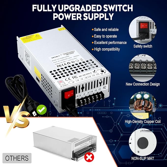 VAYALT 48V 25A 1200W DC Switching Power Supply, Universal Regulated Switching AC 110V/220V to DC 48V Transformer, Power Supply for Industrial, CCTV, Computer Project, 3D Printer, LED Strip Light