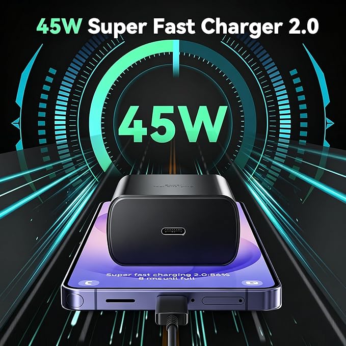 45W Super Fast Charger USB C Android Phone Type C Charger Fast Charging Block with 6.6FT Cord for Samsung Galaxy S26/S26 Ultra/S26+/S25 Ultra/S25/S24 Ultra/S24/S23 Ultra/S22/S21/S20/Note 10, Black