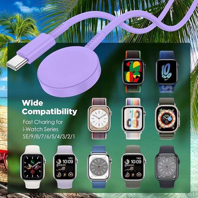2Pack for Apple Watch Charger Cable, 3FT USB C to Magnetic Wireless Fast i-Watch Charging Cord [Portable], Compatible with iWatch Series Ultra/9/8/7/6/SE/SE2/5/4/3/2 - Purple