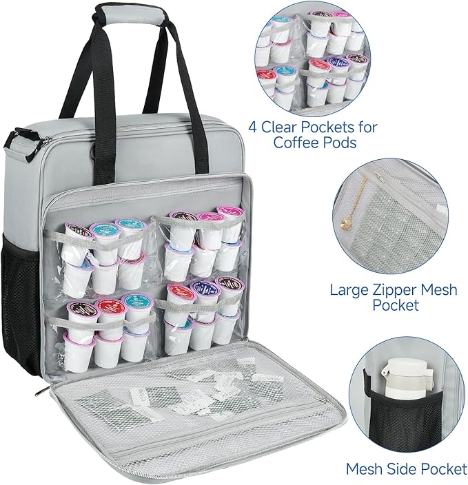 Coffee Maker Travel Bag Compatible with Keurig K-Mini,Single Serve Coffee Brewer Carrying Case Compatible for K-Mini Plus with Multiple Pockets for K-Cup Pods,Grey(Bag Only)