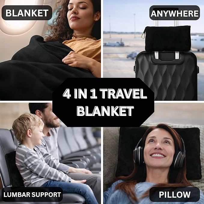 Travel Blanket and Pillow Compact – 4-in-1 Soft Fleece Airplane Blanket with Bag Pillowcase, Neck Pillow, Eye Mask & Earplugs, Lightweight Portable Flight Blanket 60"x43" (Black)
