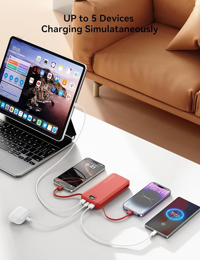 10000mAh Ultra-Portable-Charger-Power-Bank with Built in Cables&AC Wall Plug, PD20W USB-C Fast Charging Cell Phone Charger Battery Pack,LED Display Travel Battery Bank for All iPhone,Samsung,Android
