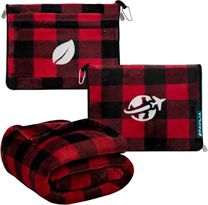 PAVILIA Travel Blanket and Pillow, Arms Opening Airplane Blankets for Adults, Compact Plane Blanket with Arm Hole 2-in-1 Bag for Flight Car Camping Luggage Backpack Traveler Gift, Checkered Red
