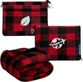 PAVILIA Travel Blanket and Pillow, Arms Opening Airplane Blankets for Adults, Compact Plane Blanket with Arm Hole 2-in-1 Bag for Flight Car Camping Luggage Backpack Traveler Gift, Checkered Red