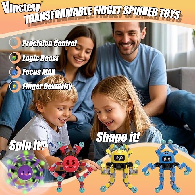 4Pcs Transformable Fidget Spinners for Kids Sensory Fidget Toys Teens Quiet Airplane Road Trip Travel Activities Essential Autism ADHD Easter Basket Stuffers Gifts for Boys Girls Toddlers B