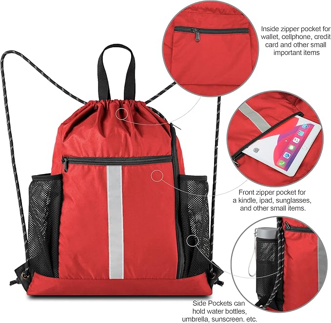 BeeGreen Red Drawstring Backpack Gymsack Bag with Shoe Compartment and Two Side Mesh Pockets Lightweight Durable Sports Cinch Sackpack 1 Pack for Women Men Workout Swim