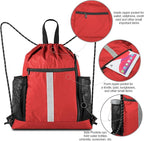 BeeGreen Red Drawstring Backpack Gymsack Bag with Shoe Compartment and Two Side Mesh Pockets Lightweight Durable Sports Cinch Sackpack 1 Pack for Women Men Workout Swim