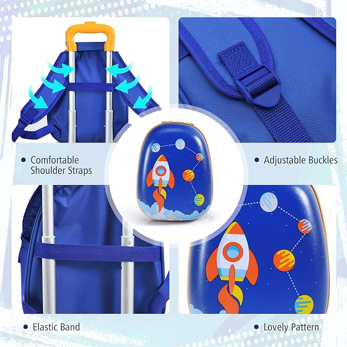 BABY JOY 2 Pieces Kids Luggage Set, 16" Toddlers Carry-on Suitcase & 12” Backpack Set, Children Travelling Case w/ 4 Casters & Retractable Handle, Lightweight Trolley Case for Boys & Girls (Astronaut)