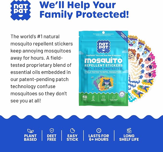 NATPAT BuzzPatch Mosquito Patch Stickers for Kids - All Natural, Plant Based Ingredients, Non-Toxic, DEET Free, Citronella Insect Patches, for Toddlers, Babies, Children (2 Pack, 96 Units)