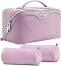 BOYATU Travel Makeup Bag Organizer Cosmetic Bag: 3 Pcs Set Make up Bags for Women with Handle - Waterproof Vegan Leather Toiletry Bags Travel Essentials Pouch with Compartments (C-06-Purple)