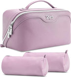 BOYATU Travel Makeup Bag Organizer Cosmetic Bag: 3 Pcs Set Make up Bags for Women with Handle - Waterproof Vegan Leather Toiletry Bags Travel Essentials Pouch with Compartments (C-06-Purple)