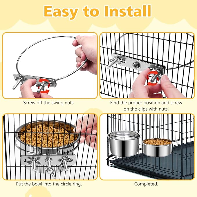 Large Dog Crate Water Bowl No Spill, 2 Pack Stainless Steel Dog Bowls for Food and Water, Pet Kennel Hanging Dogs Food Bowls for Medium/Large Dogs and Cats (7.1"x3.7" & 6.3"*2.6", Silver)