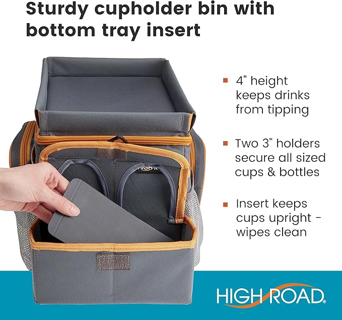 High Road CarHop Front Seat Car Organizer with Car Cup Holder, Passenger Seat Tray and Padded Filing or Cooler Compartment with Side Pocket Storage, Gray
