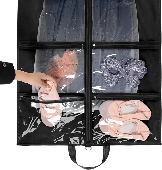 KEEGH Clear Garment Bags for Dance Costumes 40 inch Dance Garment Bags for Dancers Hanging Clothes for Closet Storage, with 4 Zipper Pockets for Dance Competitions, Ballet, Theatre, 6 Pack, Black