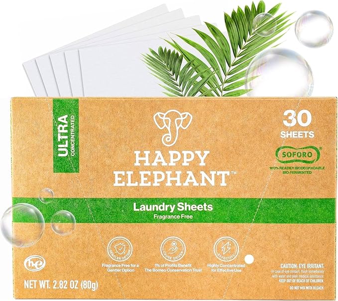 Happy Elephant Laundry Detergent Sheets, Fragrance Free, Natural Biodegradable Laundry Sheets, Travel Ready, Tough on Stains, Gentle on Skin, Compatible with HE & Any Washing Machine, 30 Sheet, 1 Pack
