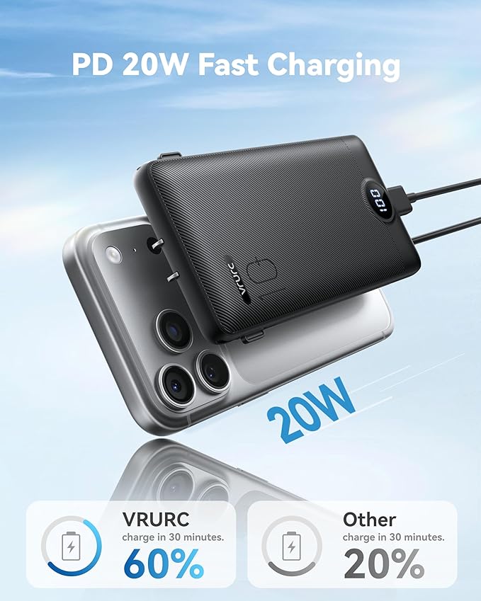 VRURC Portable Charger Power Bank - 10000mAh Fast Charging PD 20W with Wall Plug Slim Portable Charger Built in Cables USB C Portable Phone Charger Travel Accessories -Black(1 Pack)