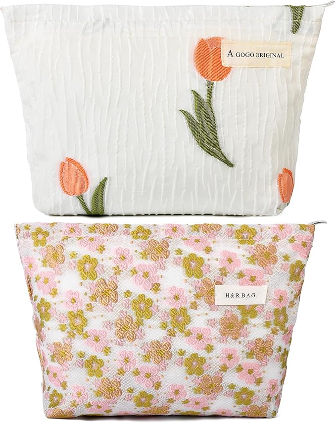 SOIDRAM 2 Pieces Flower Makeup Bag Large Floral Cosmetic Bag Capacity Canvas Travel Toiletry Bag Organizer Cute Makeup Brushes Aesthetic Accessories Storage Bag for Women, Embossed flower L White Pink