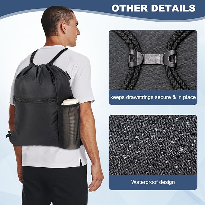 HOLYLUCK Men & Women Outdoor Sport Gym Sack Waterproof Drawstring Backpack Bag (Standard with drawstring, Black)