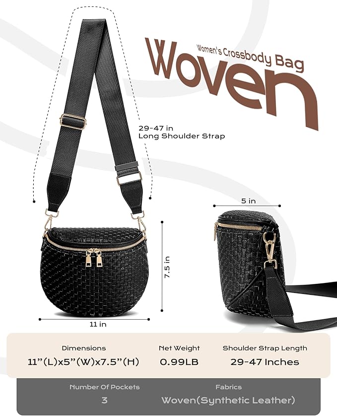 Trendy Woven Checkered Crossbody Bum Bag for Women，PU Leather Checkered Purse Fanny Packs Belt Bag (Woven Bum Bag - Pure Black)