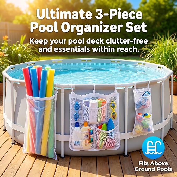 3 Pieces Above Ground Pool Storage Bag - 2 Pcs Pockets Bags & One Large Drawstring Mesh Organizer for Large Floats, Toys, Sports Balls, Towels & Beverages
